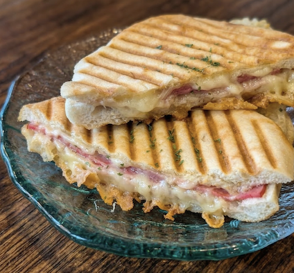 Hot grilled focaccia sandwich with mortadella, melted cheese and basil at A Bunch of Coffee Tokyo