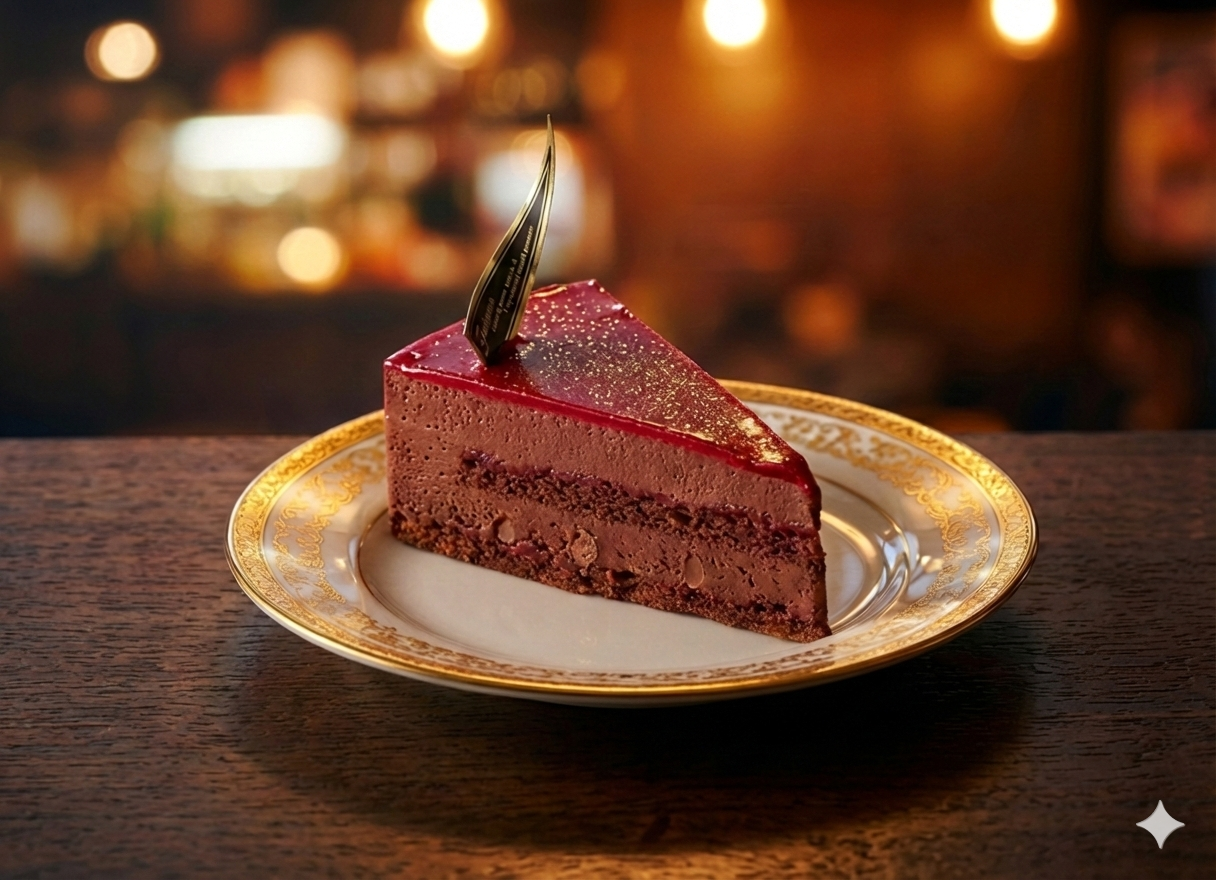 Framboise Chocolat with raspberry glaze on gold-rimmed plate at A Bunch of Coffee Tokyo