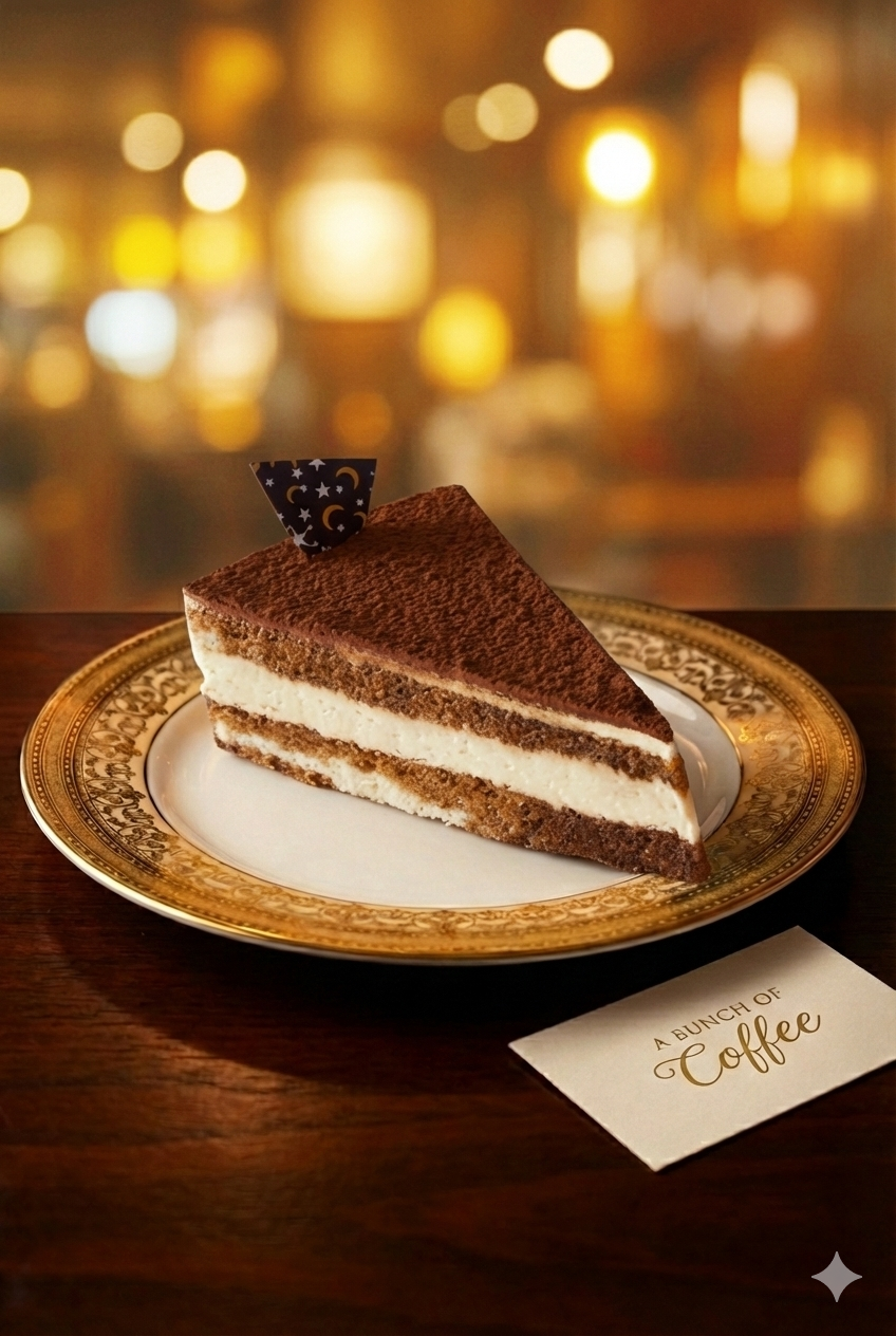 Italian Tiramisu with cocoa dusting on gold-rimmed plate at A Bunch of Coffee Tokyo